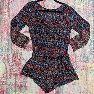 American Eagle Outfitters Navy Floral Jumpsuit Romper with Red Accents